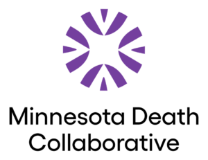 Circular logo with abstract purple shapes. Black text reads Minnesota Death Collaborative
